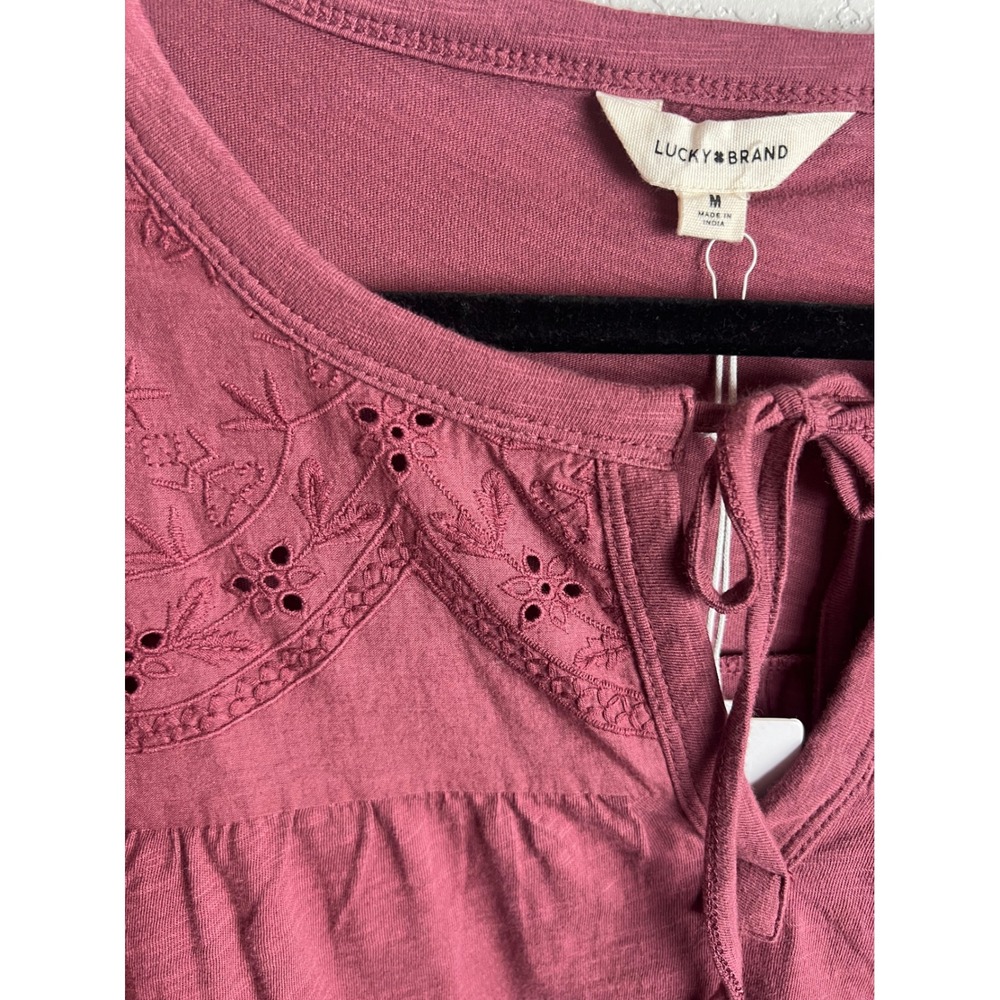 Lucky Brand Embroidered Tie Neck Top Size Med Tiered Long Sleeve Peasant NEW - Picture 2 of 9